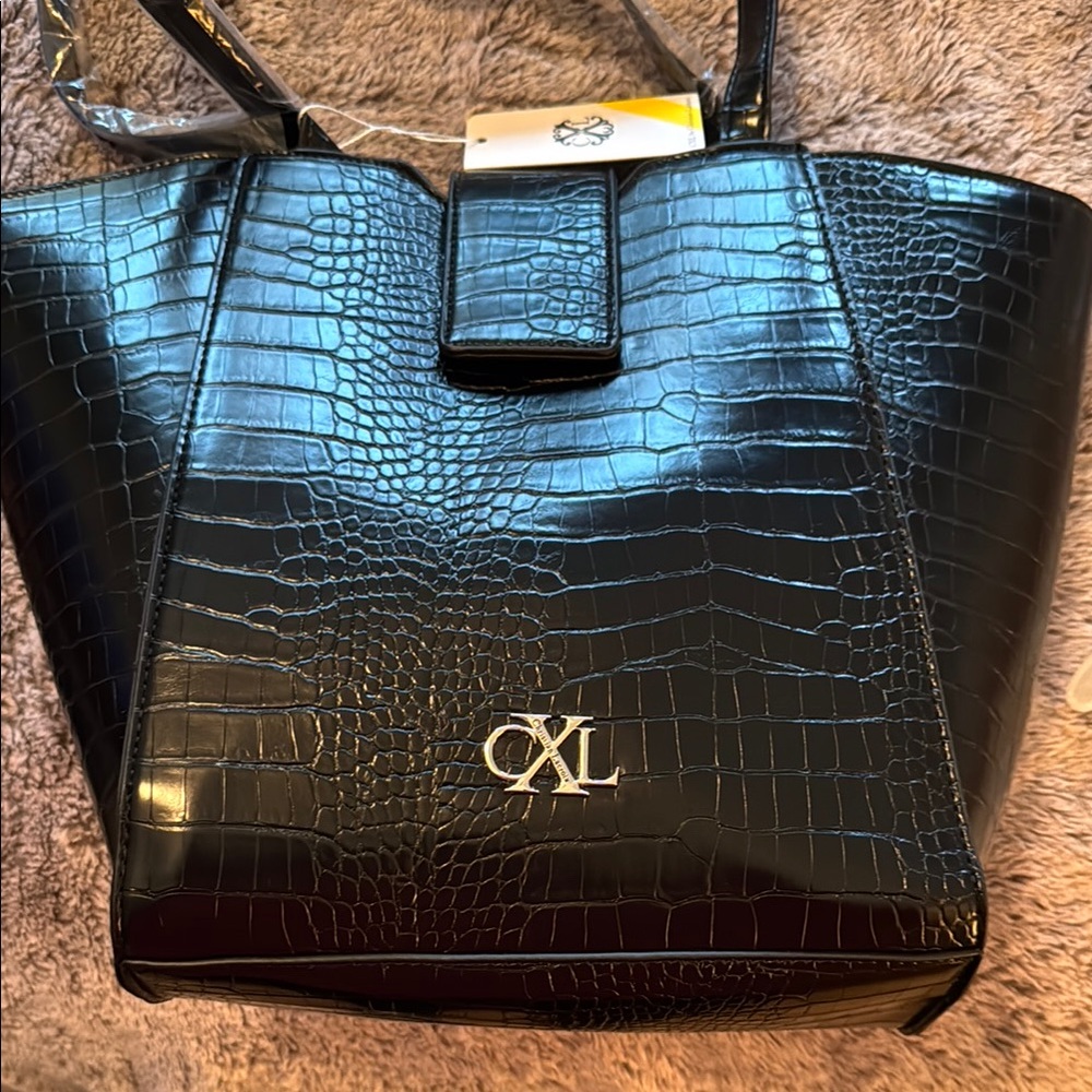 NWT MSRP $98 CXL by Christian Lacroix Black Croc-Embossed Women's Bag